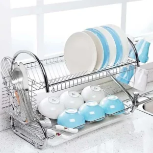 2-tier stainless steel dish drying rack with cutlery holder and hooks in Sri Lanka